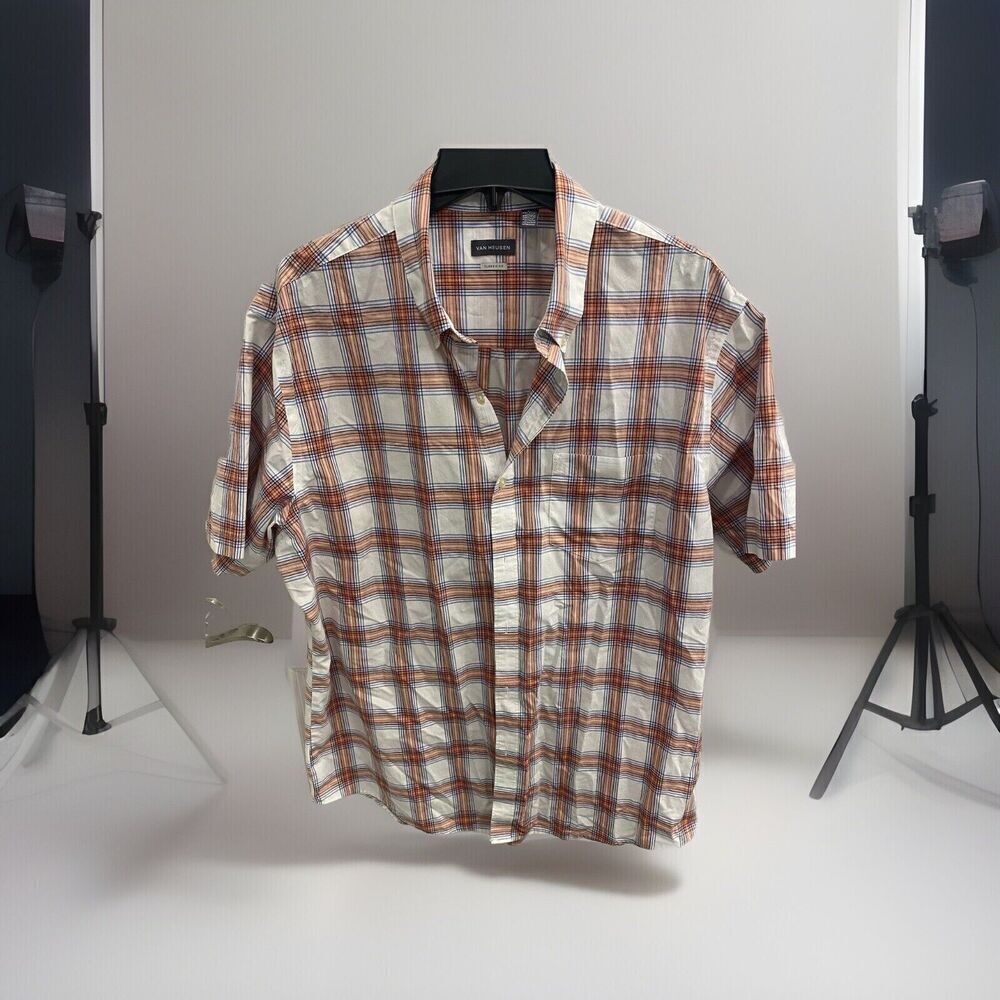Van Heusen Short Sleeve White With Orange And Blue Plaid Stripes Men’s XL